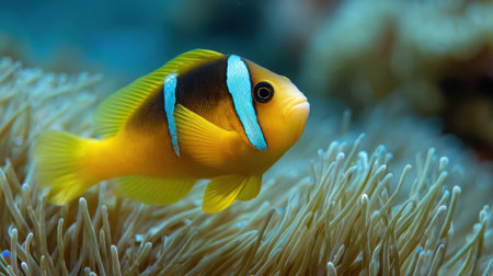 A bright yellow clownfish gracefully navigates through a garden of soft, flowing sea anemones. Sunlight filters down, enhancing the vibrant colors of the coral reef.の素材