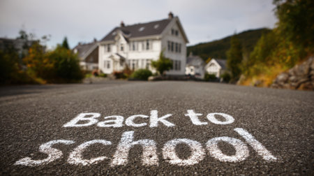 A white house with a driveway in front of it. The driveway is covered in chalk writing that says "back to school"の素材