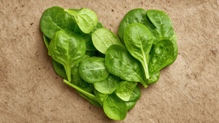 Fresh spinach leaves are creatively arranged in the shape of a heart on a natural brown surface. This visually appealing presentation emphasizes the joy of healthy eating and nutrition.の素材