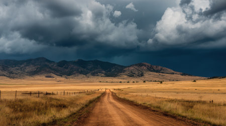 A dirt road stretches through vast fields of golden grasses, heading towards dark storm clouds rolling in over distant mountains during the early evening hours.の素材