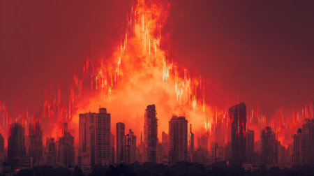 A cityscape with a large fire in the background. The fire is orange and has a lot of smoke. The city is in the background and the fire is in the foregroundの素材