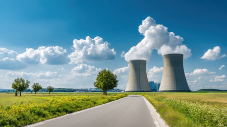 A road with two large power plants in the background. The sky is blue with some clouds. The road is empty and the grass is greenの素材
