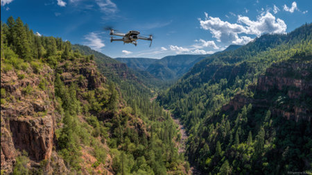 A drone is flying over a lush green valley. The drone is flying low to the ground, capturing the beauty of the landscape. The sky is clear and blueの素材