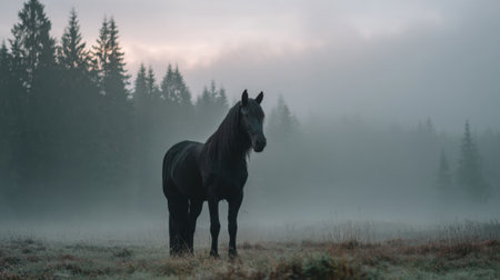 A black horse stands in a foggy field. The horse is alone and he is looking to the left. The foggy atmosphere creates a sense of mystery and solitudeの素材