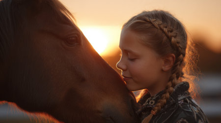 A young girl is hugging a horse. The girl is wearing a black jacket and has her hair in braids. The horse is standing next to her, and the sun is setting in the backgroundの素材