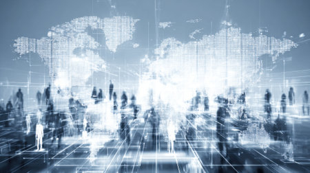 In a digital landscape, blurred silhouettes of people interact amid glowing data visualizations and world maps, symbolizing connectivity and technology's role in modern society.の素材