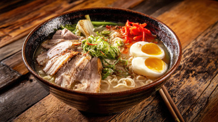 A bowl of ramen with meat, egg, and vegetables. The bowl is on a wooden tableの素材