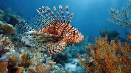 A lionfish glides effortlessly through a stunning underwater landscape filled with colorful corals and marine plants. Sunlight filters through the water, enhancing the scene's beauty.の素材