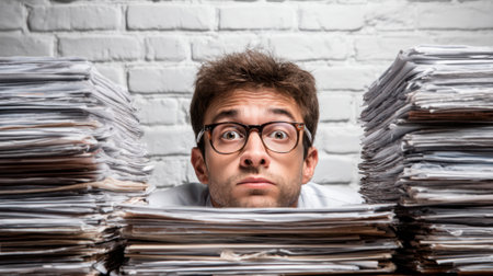 A man is looking at a pile of papers and appears to be in a state of shock. Concept of chaos and disorganization, as the man is surrounded by stacks of paperの素材