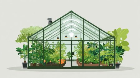 A greenhouse with many plants inside. The plants are green and healthy. The greenhouse is large and has a lot of space for the plants to growの素材