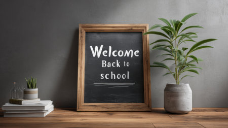 A wooden frame with a chalkboard inside and a plant in a vase. The chalkboard says "Welcome back to school.". The frame is on a wooden table with a few books and a vaseの素材