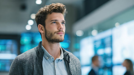 A man with a beard and a blue shirt is looking at a screen. He is wearing a gray jacketの素材