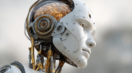 A robot with a brain and gold colored ears stands in front of a gray background. The robot's face is white and its body is made of metal. The robot's design suggests that it is a futuristic creationの素材