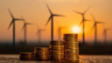 A pile of gold coins sits on a table in front of a wind farm. The coins are stacked in a pyramid shape, with the top coin being the largest. Concept of wealth and prosperityの素材