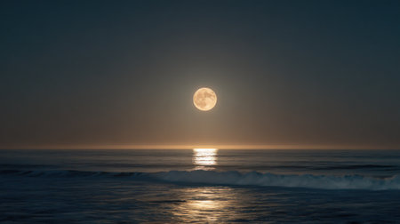 A large full moon is shining on the ocean. The moon is the main focus of the image, and it is surrounded by the calm, dark waters of the ocean. Concept of tranquility and serenityの素材