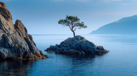 A lone tree is growing on a rock in the ocean. The tree is small and he is struggling to survive. The ocean is calm and the sky is clear, creating a peaceful and serene atmosphereの素材