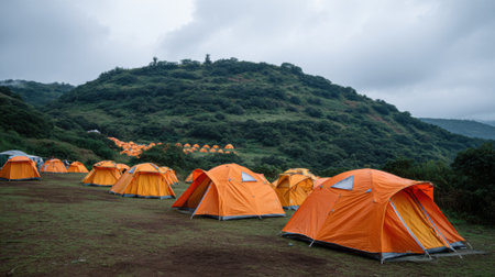 A row of orange tents are set up on a grassy hillside. The tents are arranged in a line, with some closer to the foreground and others further back. Concept of camaraderie and adventureの素材