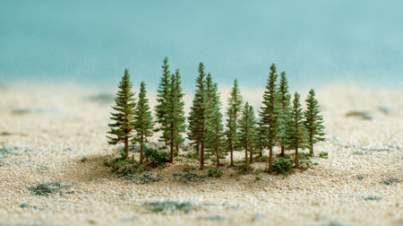 A small group of trees are standing on a sandy beach. The trees are sparsely distributed, with some standing closer together and others further apart. Concept of solitude and tranquilityの素材