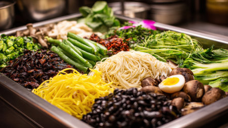 A large bowl of assorted vegetables and noodles. The bowl is filled with a variety of vegetables, including broccoli, carrots, and mushrooms. The noodles are mixed in with the vegetablesの素材