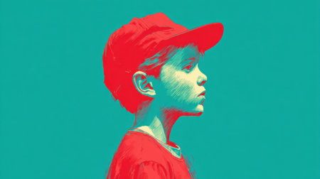A boy wearing a red hat and a red shirt is standing in front of a green background. The boy's face is drawn in a way that makes him look sad and lonely. Scene is melancholic and introspectiveの素材