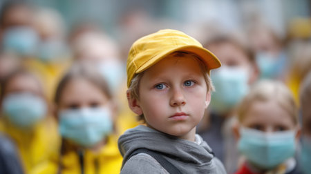 A boy wearing a yellow hat stands in front of a group of people wearing masks. The boy appears to be the only one not wearing a maskの素材
