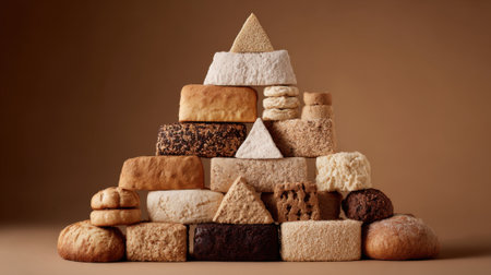 A tower of baked goods including bread, cookies, and cakes. Concept of abundance and variety, with a wide range of different types of baked goods stacked on top of each otherの素材
