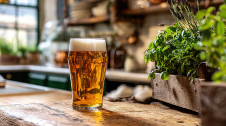 A glass of beer sits on a wooden table in front of a potted plant. The scene conveys a relaxed and casual atmosphere, as the beer is a popular beverage often associated with socializing and unwindingの素材