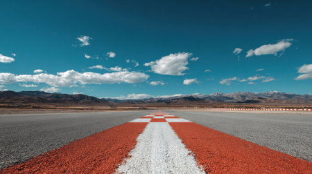 A long, empty road with a red and white checkered line down the middle. The sky is clear and blue, with a few clouds scattered throughout. Scene is calm and peaceful, with the empty roadの素材