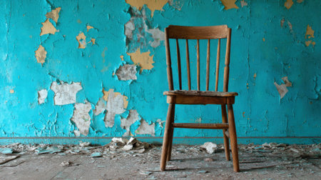 A wooden chair is sitting in front of a blue wall with peeling paint. The chair is old and worn, and it seems to be the only piece of furniture in the roomの素材