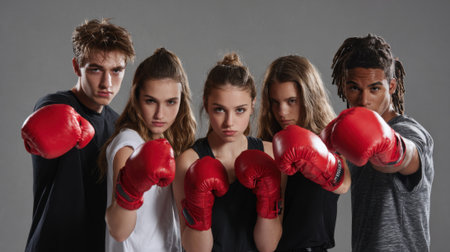 A group of people posing for a picture with boxing gloves on. Scene is energetic and competitiveの素材
