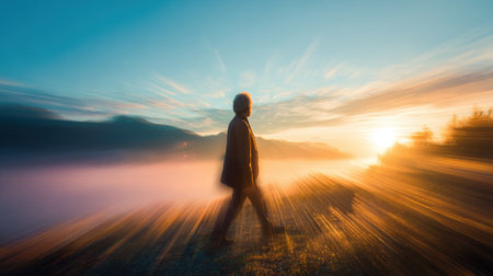A man is walking in a field with a beautiful sunset in the background. The sky is filled with clouds, and the sun is setting, creating a serene and peaceful atmosphere. The man is enjoying the momentの素材