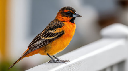 A bird with a black and orange beak stands on a white fence. The bird is perched on the railing, looking out into the distance. The scene is peaceful and sereneの素材
