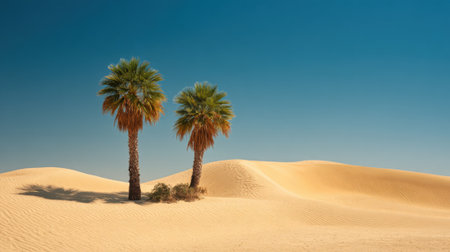 Two palm trees are standing in the desert. The sky is clear and blue. The scene is peaceful and sereneの素材