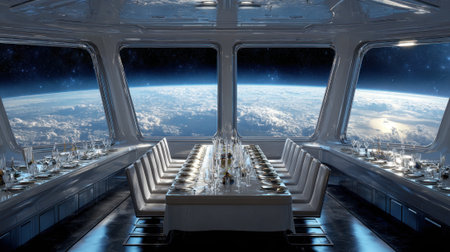 A large dining table is set up in a spaceship with a view of the Earth. The table is filled with plates, glasses, and utensils, and there are several chairs around itの素材