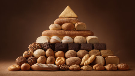 A pile of breads and pastries arranged in a pyramid shape. Concept of abundance and variety, as there are many different types of breads and pastries on displayの素材