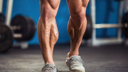 A man with very large legs is standing in a gym. Concept of strength and fitnessの素材