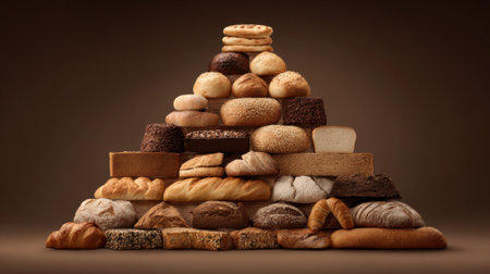 A pile of breads and pastries in a pyramid shape. Concept of abundance and variety, with a wide range of breads and pastries stacked on top of each otherの素材