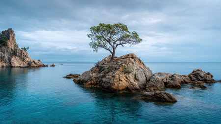 A lone tree is growing on a rock in the ocean. The scene is calm and peaceful, with the tree providing a sense of stability and strength in the midst of the waterの素材
