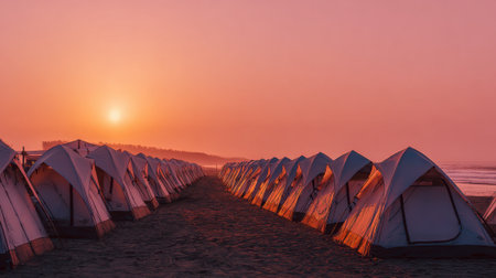 A row of white tents are set up on a beach at sunset. The scene is peaceful and serene, with the sun setting in the backgroundの素材