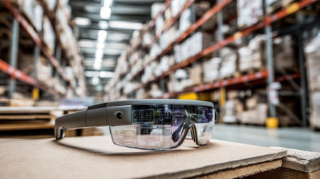 A pair of glasses with a camera lens on the front. The glasses are on a cardboard boxの素材