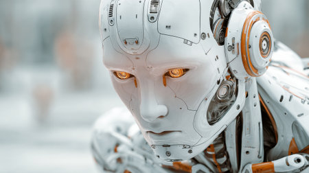 A robot with orange eyes and orange ears is looking at the camera. The robot is white and has a metallic appearanceの素材