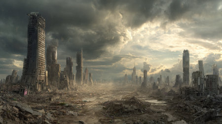 A desolate cityscape with a cloudy sky and a few buildings. Scene is bleak and desolateの素材