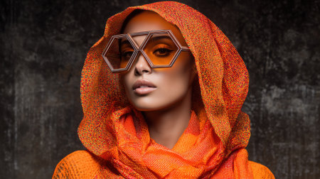 A woman wearing a scarf and orange glasses. The scarf is orange and has a patternの素材