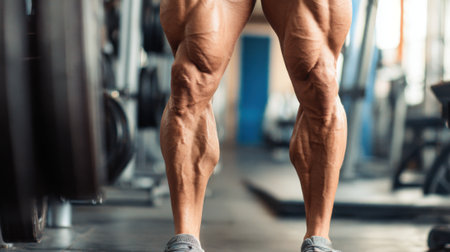 A man with very large legs is standing in a gym. Concept of strength and power, as the man's muscular legs are prominently displayedの素材