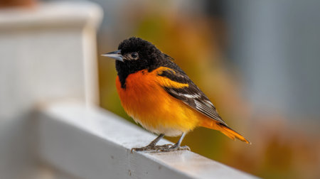 A small bird with orange and black feathers is perched on a white railing. The bird appears to be looking to its leftの素材