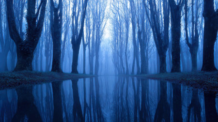 A forest with a body of water in the middle. The water is blue and the trees are tallの素材