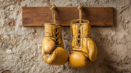 Two yellow boxing gloves hanging on a wall. Scene is nostalgic and somewhat melancholicの素材