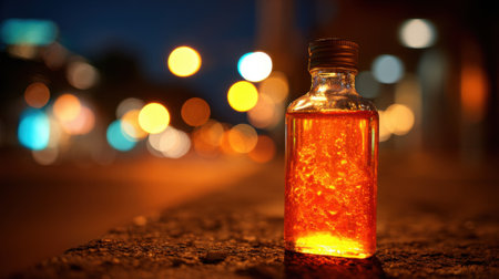 A bottle of alcohol is sitting on a ledge in the dark. The bottle is half full and the liquid inside is yellow. The scene is set in a city at night, with lights from buildingsの素材