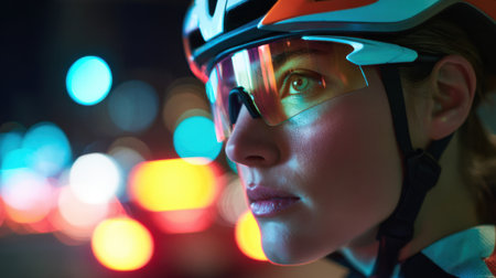 A woman wearing a helmet and goggles is looking at the camera. The image has a moody and mysterious feel to it, as the woman's gaze seems to be focused on something beyond the frameの素材