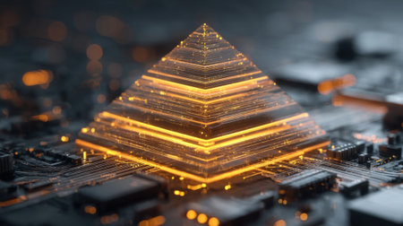 A pyramid made of electronic components is lit up with a yellow glow. Concept of technology and innovation, as well as a futuristic and modern aestheticの素材